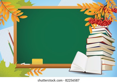 school autumn background with blackboard, books and yellow leaves, vector