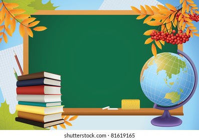 school autumn background with blackboard, globe, books and yellow leves, vector