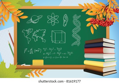 school autumn background with symbols on blackboard, books and yellow leves, vector