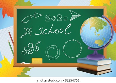 school autumn background with symbols on blackboard, globe and books, vector