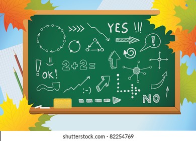school autumn background with symbols on blackboard and yellow leaves, vector