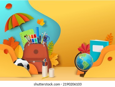 School autumn paper cut vector background. Study supply and fall leaves in craft art style. Back to school concept. Sale marketing promotion advertising material template