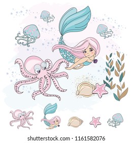 School Autumn Sea Underwater Vector Illustration Set MERMAID OCTOPUS for Digital Print, Holidays, Wall Art, Scrapbooking, Photo Album Design and Digital Paper