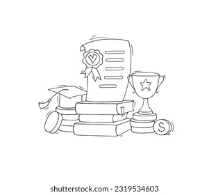 School award, diploma, trophy cup on books stack for success in education. Vector doodle illustration of academic reward in college or university, prize for winner in contest or competition