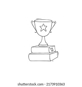 School award, trophy cup on books stack for success in education. Vector doodle illustration of academic reward in college or university, prize for winner in contest or competition