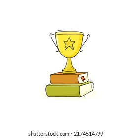 School award, trophy cup on books stack for success in education. Vector doodle illustration of academic reward in college or university, prize for winner in contest or competition