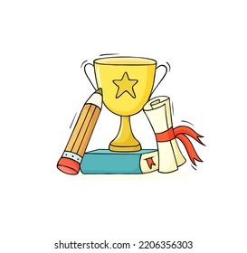 School award, trophy cup on books stack for success in education. Vector doodle illustration of academic reward in college or university, prize for winner in contest or competition