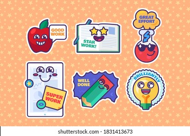 School awards set of cartoon stickers reward signs. Cute marks for teachers. Collection of funny labels with smiling faces for elementary school. Vector illustration