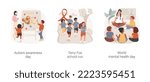 School awareness campaign isolated cartoon vector illustration set. Autism awareness day, Terry Fox school run, world mental health week, solidarity ribbon, blue shirt, hand imprint vector cartoon.