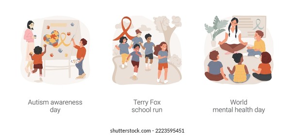 School awareness campaign isolated cartoon vector illustration set. Autism awareness day, Terry Fox school run, world mental health week, solidarity ribbon, blue shirt, hand imprint vector cartoon.