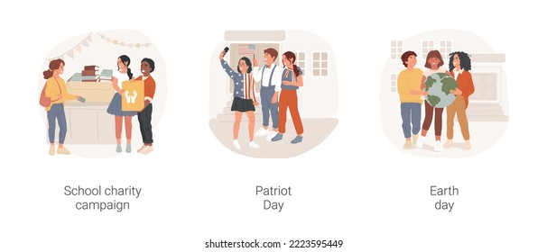 School awareness days isolated cartoon vector illustration set. School charity campaign, Patriot Day, making Earth day project, kids with donations box, national colors vector cartoon.