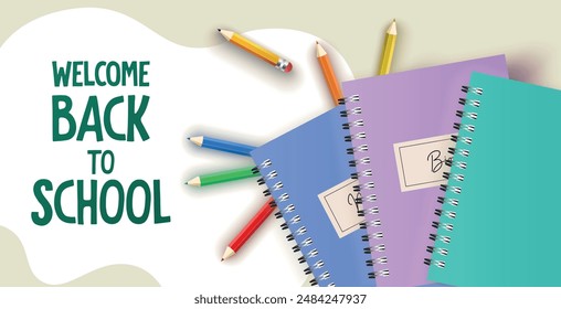 School Back background template with colorful notebooks, crayons, pencil and colorful typographic text. Vector illustration template with flyer, brochure, poster, website, social media, advertising. 