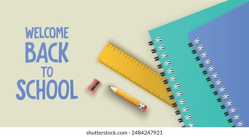 School Back background vector illustration with pencil, ruler, colorful notebooks and pencil sharpener. Back to School banner with poster, template, sale, promo, discount, website social media, flyer.