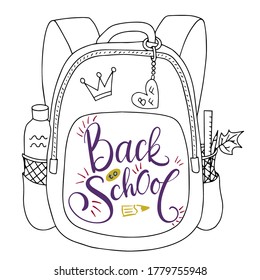 A School Back, Back Pack Of A Girl With A Water Bottle, Pencil, Leafe, Crown And Bff Key Holder, With Back To Scholl Lettering. 