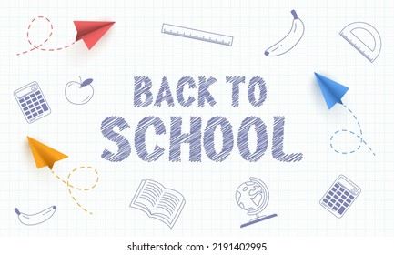 School background. 3d flying yellow, red and blue paper airplanes. Vector children planes in air. Handwritten Back to to school background with icons. Banner for school with checkered notebook