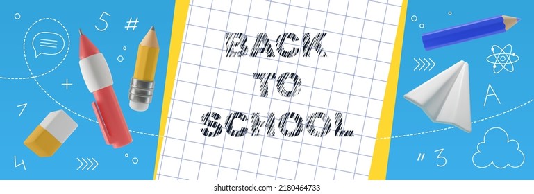 School background with 3d pencils and pens. Horizontal banner the beginning of the academic year. Vector illustration