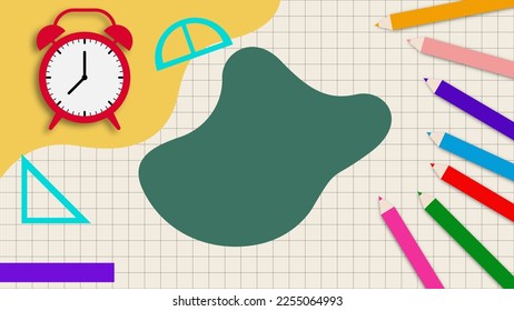 Fondo escolar con reloj despertador, lápiz de color y regla sobre fondo de papel. Ilustración vectorial. EPS 10.