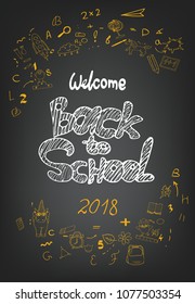 School background. Back to school chalk background with hand drawn doodles. Lettering for banners, posters, flyers. Creative orange and black sketch design advertising