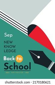 School background. Back to School. Open notebook with fountain pen. Simple flat background. Vertical poster.