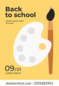 Antecedentes escolares. Afiche de regreso a la escuela. Ilustración vectorial plana. Regreso a la escuela. Elementos y objetos sobre temas escolares, fondo simple para el cartel. Pincel y paleta para pinturas.