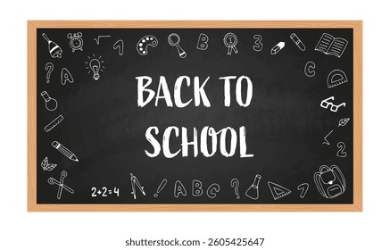 School background. black board with hand-drawn chalk school supplies