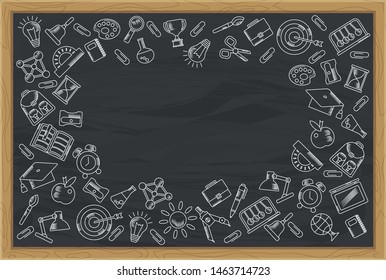 School background. Blackboard in a wooden frame. Hand-drawn chalk school supplies.