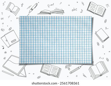 School background. A blank sheet of paper with a copy space. A note page. A school frame with school objects drawings. Sheet of checked paper wish shadows. A back to school background.