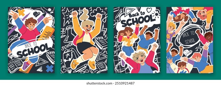 School background. Book children cover, happy student jump. Design banner, funny kids, people isolated, education poster. Concept teaching template. Flyer or card design. Vector training cartoon