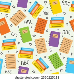 School background with books and notebooks. Seamless pattern. Vector illustration