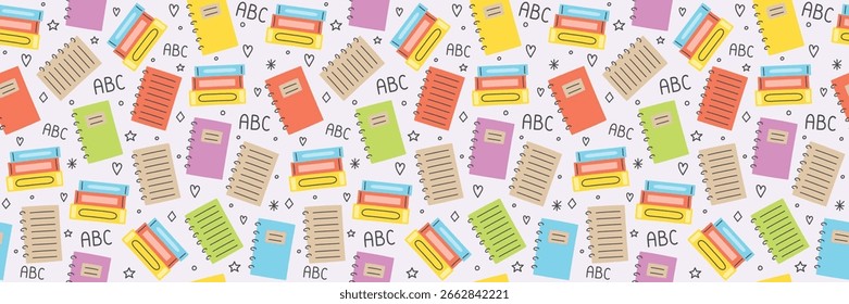 Fondo de la escuela con libros y cuadernos. Patrón sin fisuras. Anuncio. Ilustración vectorial