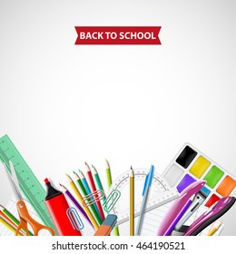 School background with chalkboard and supplies. Stationery equipment. Vector realistic illustration 