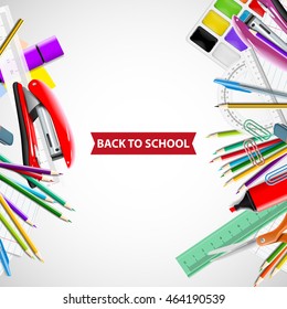 School background with chalkboard and supplies. Stationery equipment. Vector realistic illustration 