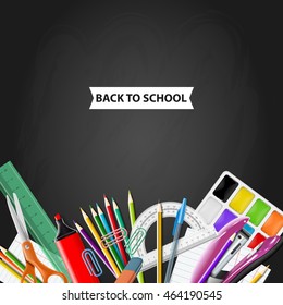 School background with chalkboard and supplies. Stationery equipment. Vector realistic illustration 