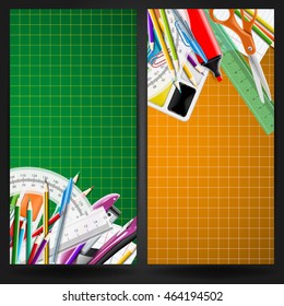 School background with chalkboard and supplies. Stationery equipment. Vector realistic illustration 