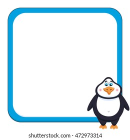 School background with cheerful cute penguin, funny frame and birdie, vector illustration