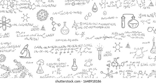 Antecedentes escolares en química. Fórmulas escritas a mano. Cartas y números.