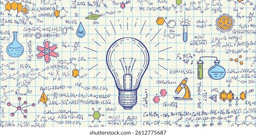 School background in chemistry .Light bulb glowing .Handwritten formulas background. Vector illustration .