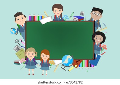 School, background, children on the background of a school chalkboard. Vector cartoons.