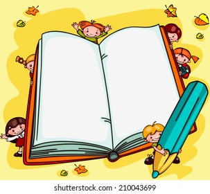 school background with children - an open book. Place for text