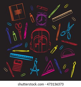 School background with colored  hand drawn school supplies. Vector design layout for your covers, flyers, exercise books, posters, brochures.