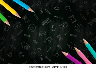 School background with colored pencils and blackboard