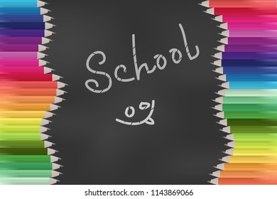 School background with colored pencils on the school board. School poster. 