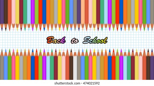 School background with colored pencils sharp in two rows on the edge of the paper with the blue line horizontally and vertically with a colored inscription Back to School