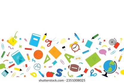 School background. Colorful pattern with copy space. School supplies - books, alarm, pencils, pen, notepad, doodles and others. Back to School concept. Modern vector flat illustration.