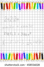 School background with colorful pencils and mathematical examples on page of notebook in cage. Back to school. Vector illustration