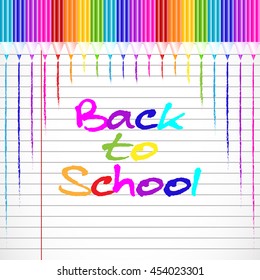 School background with colorful pencils from top on page of notebook in line. Back to school. Vector illustration