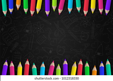 School background with coloured pencils and funny sketch. Vector.