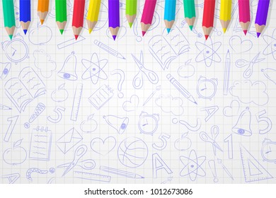 School background with coloured pencils and funny sketch. Vector.