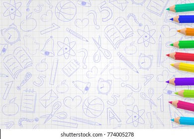 School background with coloured pencils and funny sketch. Vector. 