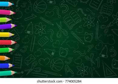School background with coloured pencils and funny sketch. Vector. 